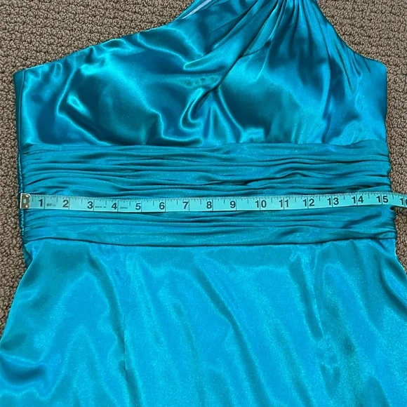 Adrianna Papell Boutique Teal Green Sheath Dress size 14 One Shoulder Satin - Picture 13 of 16